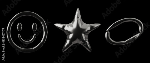 3d vector set of inflatable abstract shapes, in chrome color on isolated black background.