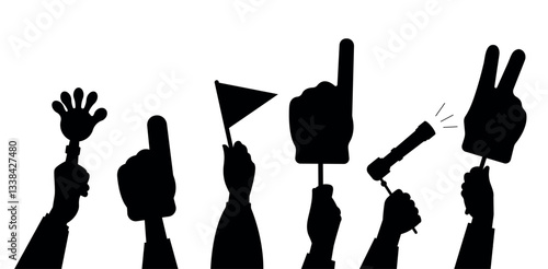 Fan hands banner. Human hand hold flag, foam fingers, beep. Isolated sport fans, festival black arm silhouettes. Party, competition vector background