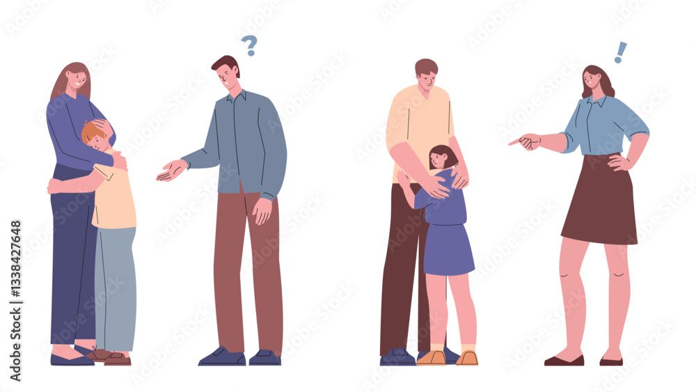 Fototapeta premium Parents scold and support children. Father mother shout at child, hug crying girl and boy. Education, empathy and help scenes. Family neoteric vector scenes