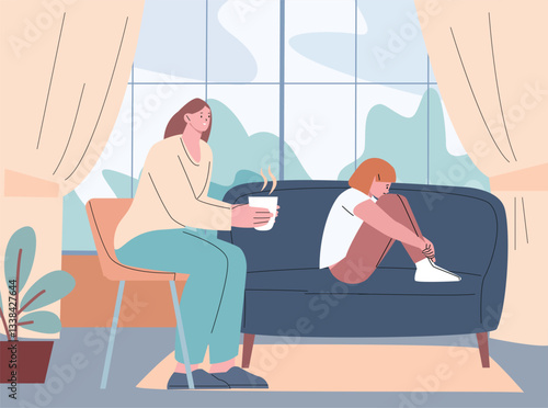 Mother support crying daughter. Sad teenage girl sitting on sofa in living room. Young woman on chair hold cup of hot drink, flat vector scene