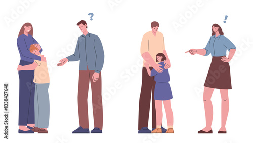 Parents scold and support children. Father mother shout at child, hug crying girl and boy. Education, empathy and help scenes. Family neoteric vector scenes