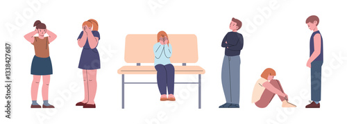 Sad and crying children. Girls cry, cover their faces with their hands. Upset kids, offended toddlers. Emotional childish characters vector set