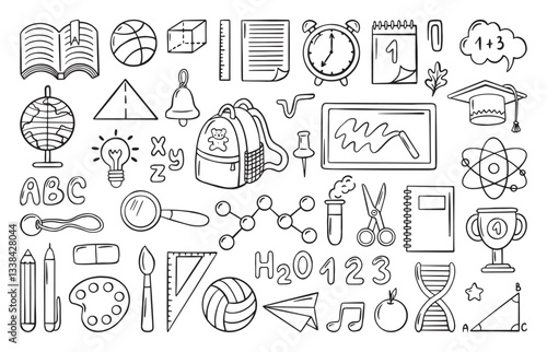 School doodle elements. Globe books notebook calendar alarm clock. Hand drawn study icons, stationery and equipment for learning, neoteric vector set