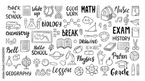 Back to school lettering. Handwritten text biology math physics, lessons titles, positive phrases. Doodle education symbols, neoteric vector icons