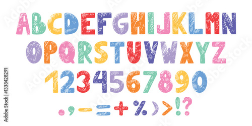 Crayon kids letters. Bright childish style alphabet numbers and marks. Color chalks scribbles abc. Kindergarten or preschool letter, neoteric vector set