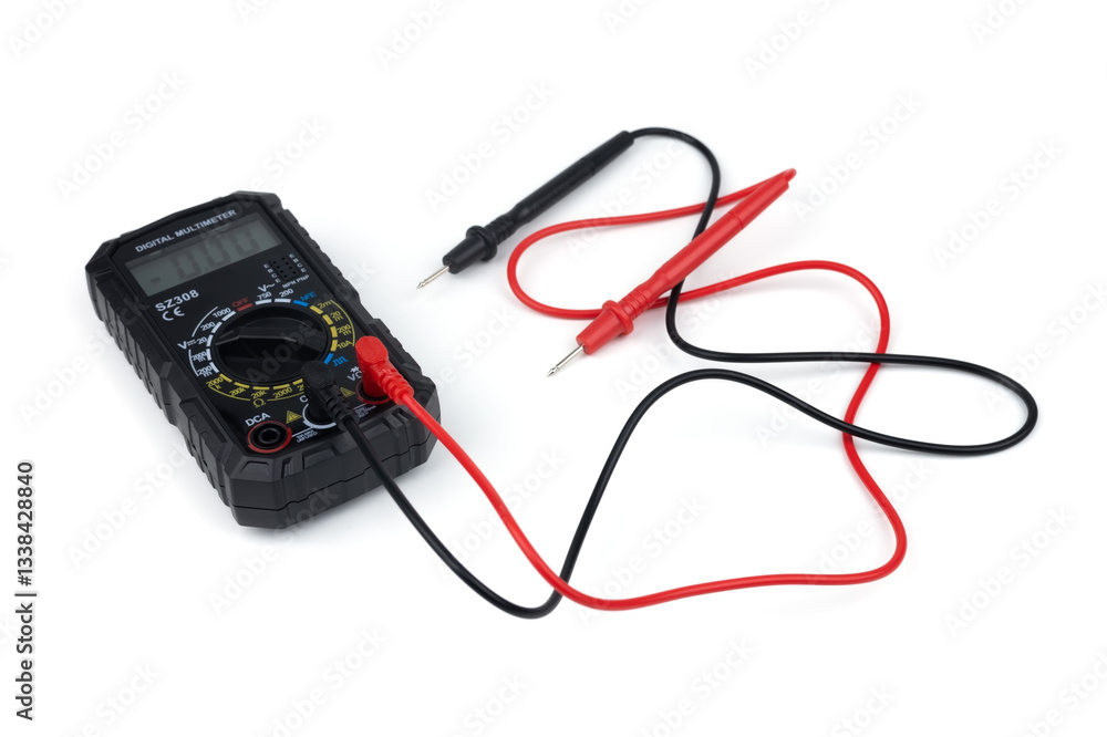 Digital multimeter with probes and display isolated on white background. Digital multimeter with probes and display isolated on white background.