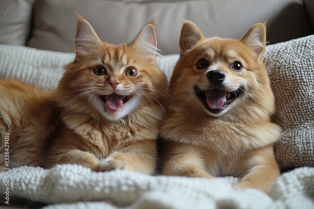 Two cheerful pets enjoy cozy time together on a soft blanket in a comfortable living room Two cheerful pets enjoy cozy time together on a soft blanket in a comfortable living room