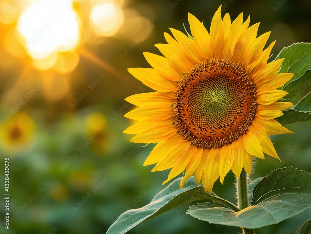 Fototapeta premium Radiant sunflower in golden light with vibrant petals and lush green leaves in a serene summer field