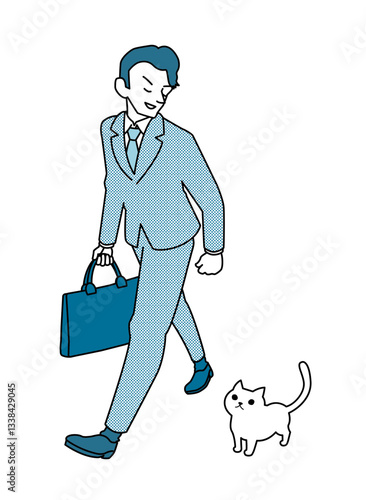 猫と歩くスーツの男性の青い絵