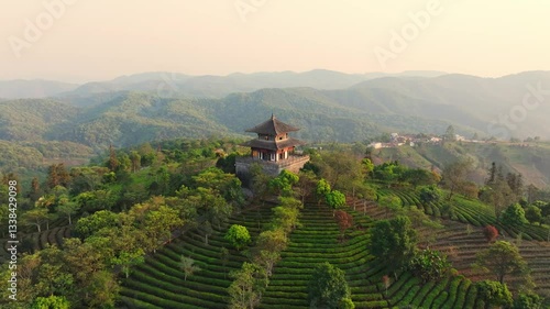 4k Video Aerial Photography of China Pu'er Tea Expo Courtyard and Ask Tea House Among Scenic Mountains
