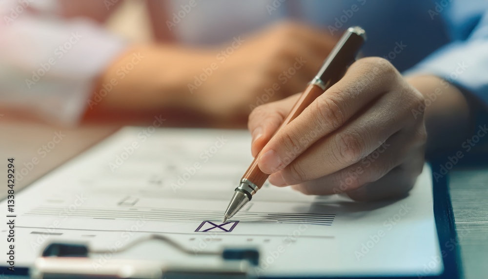 A close-up of a hand signing an important document with a silver pen. A close-up of a hand signing an important document with a silver pen.