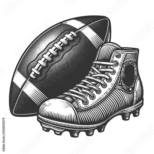 American football and a classic cleat, symbolizing sports, competition, and athletic tradition sketch engraving generative ai vector illustration. Scratch board imitation. Black and white image.