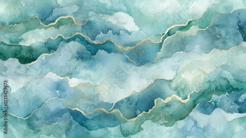 Abstract Watercolor Background With Teal Blue Green And Gold Metallic Waves With Swirls Fluid Art Design For Decorative Surface Patterns And Texture In Elegant Style Premium Nature Inspired Image