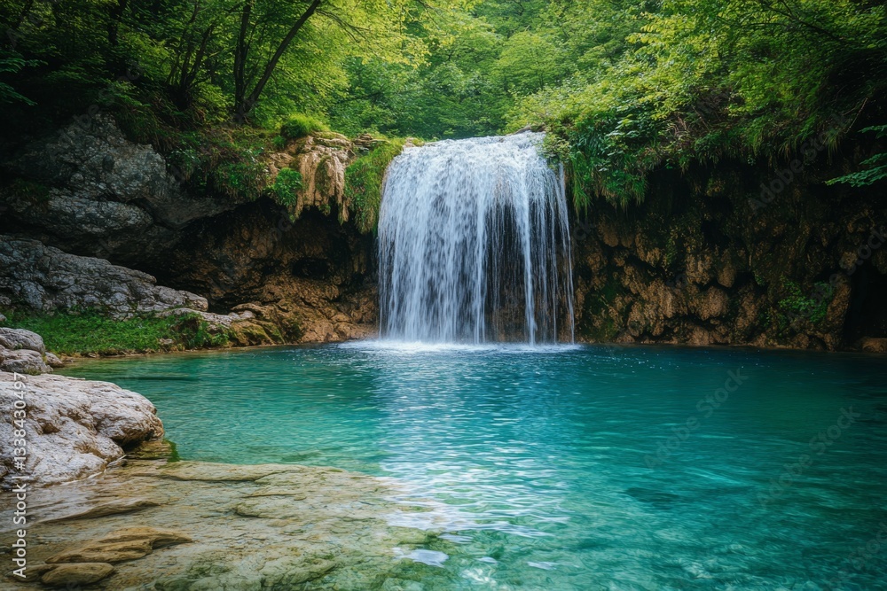 Fototapeta premium Serene Waterfall Cascading into Crystal Clear Pool in Lush Forest