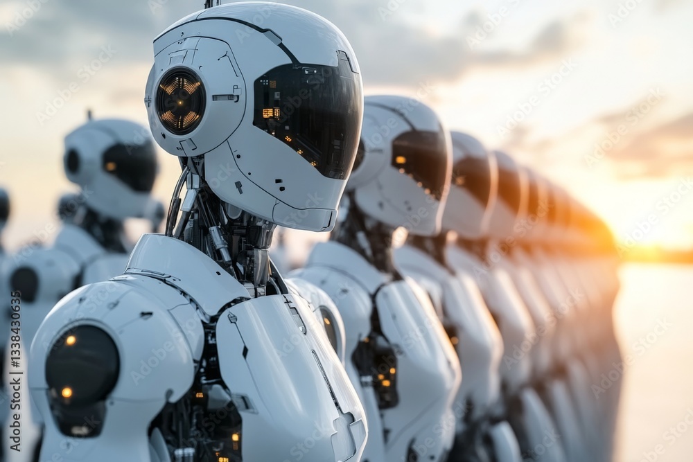Fototapeta premium Futuristic robots standing in formation at sunset near a coastal area showcasing advanced technology and design