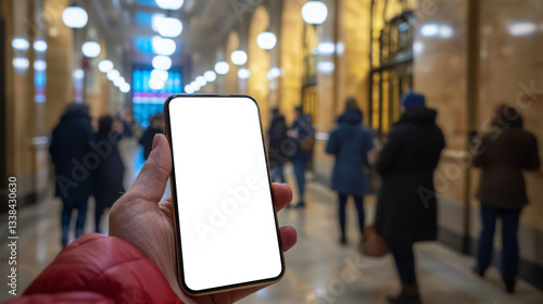 Wallpaper Mural Hand Holding Smartphone in Busy Indoor Setting with People Walking Torontodigital.ca