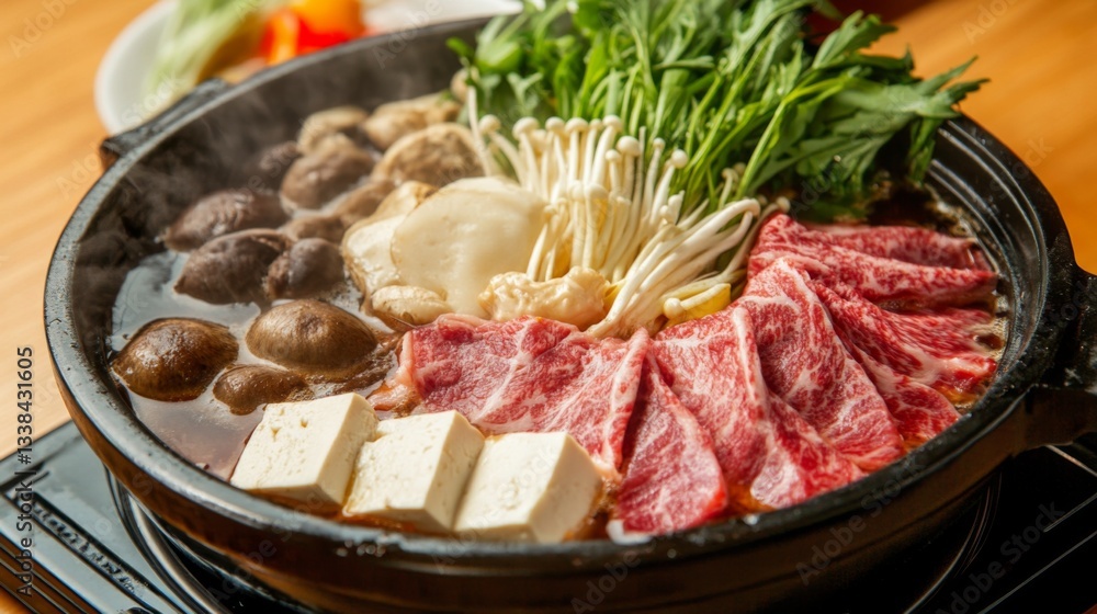 A beautifully arranged hot pot filled with succulent slices of beef, tofu, mushrooms, and vegetables, simmering in a flavorful broth, showcasing the vibrant colors. A beautifully arranged hot pot filled with succulent slices of beef, tofu, mushrooms, and vegetables, simmering in a flavorful broth, showcasing the vibrant colors.