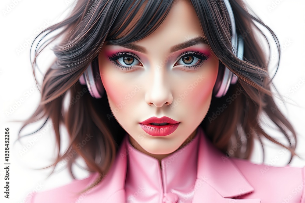 Young woman wearing headphones with vibrant makeup and fashionable outfit in a minimalistic setting Young woman wearing headphones with vibrant makeup and fashionable outfit in a minimalistic setting