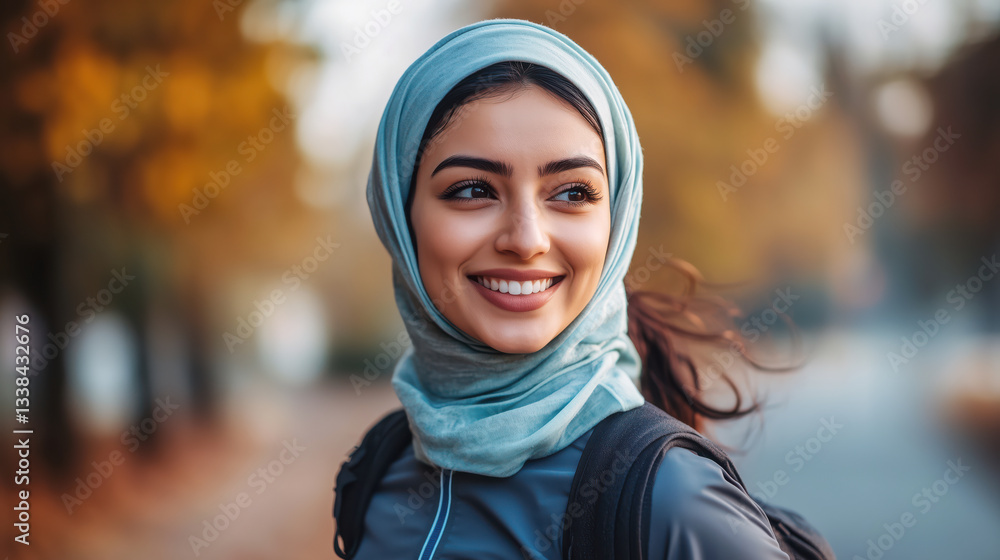 Smiling Muslim woman from the Middle East in sportswear and hijab jogging in park