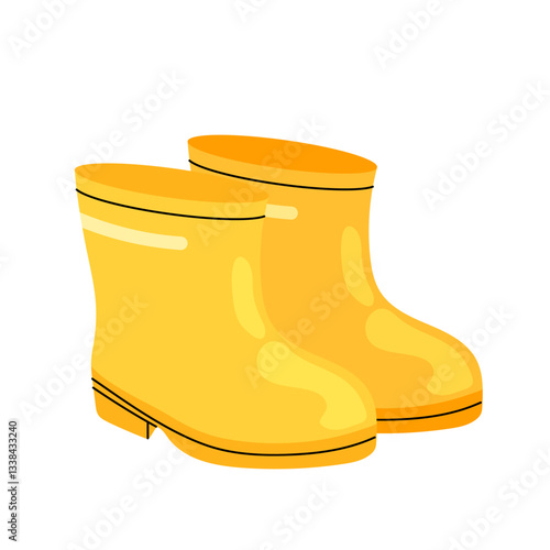 Yellow rubber boots against the rain. Garden boots, uniform. Kids autumn boots. Flat illustration cute garden gum boots on white background. 