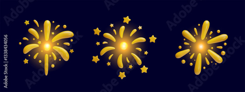 Sparkling light, shiny sparkler 3D vector set, festive gold glow bang firework explosion, bursting salute sparks on dark