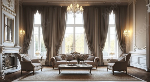 Elegant living room with luxurious decor and natural light in a historic building
