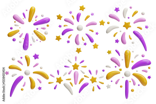 Sparkling light, sparkler 3D vector set, festive purple and yellow bang, firework explosion, bursting salute, stars
