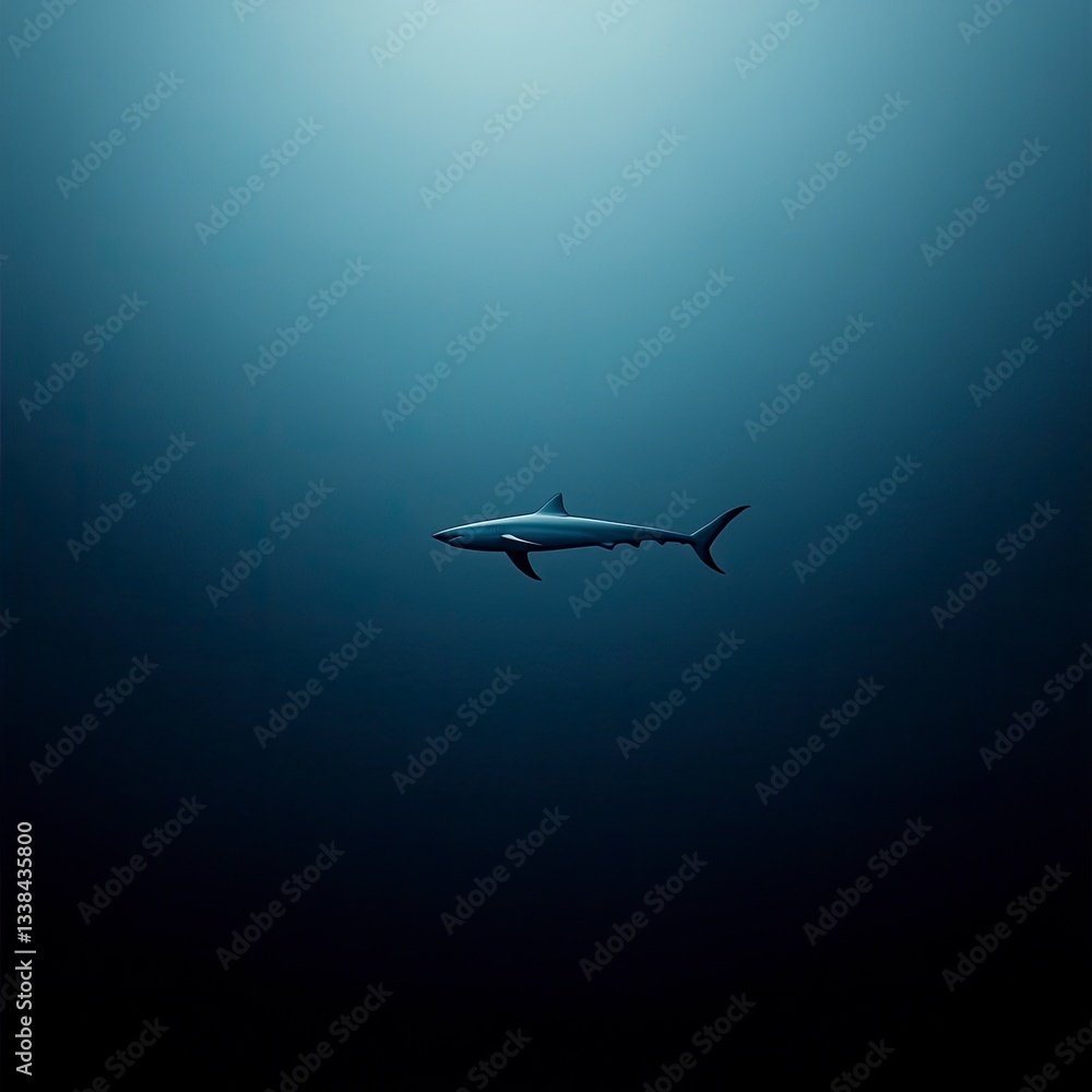 Fototapeta premium A lone shark swims in the deep ocean, sunlight filtering from above.