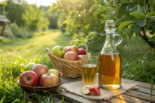 Freshly Harvested Apples with Homemade Apple Juice in a Scenic Garden Setting on a Sunny Day, Capturing the Essence of Autumn and Nature's Bounty