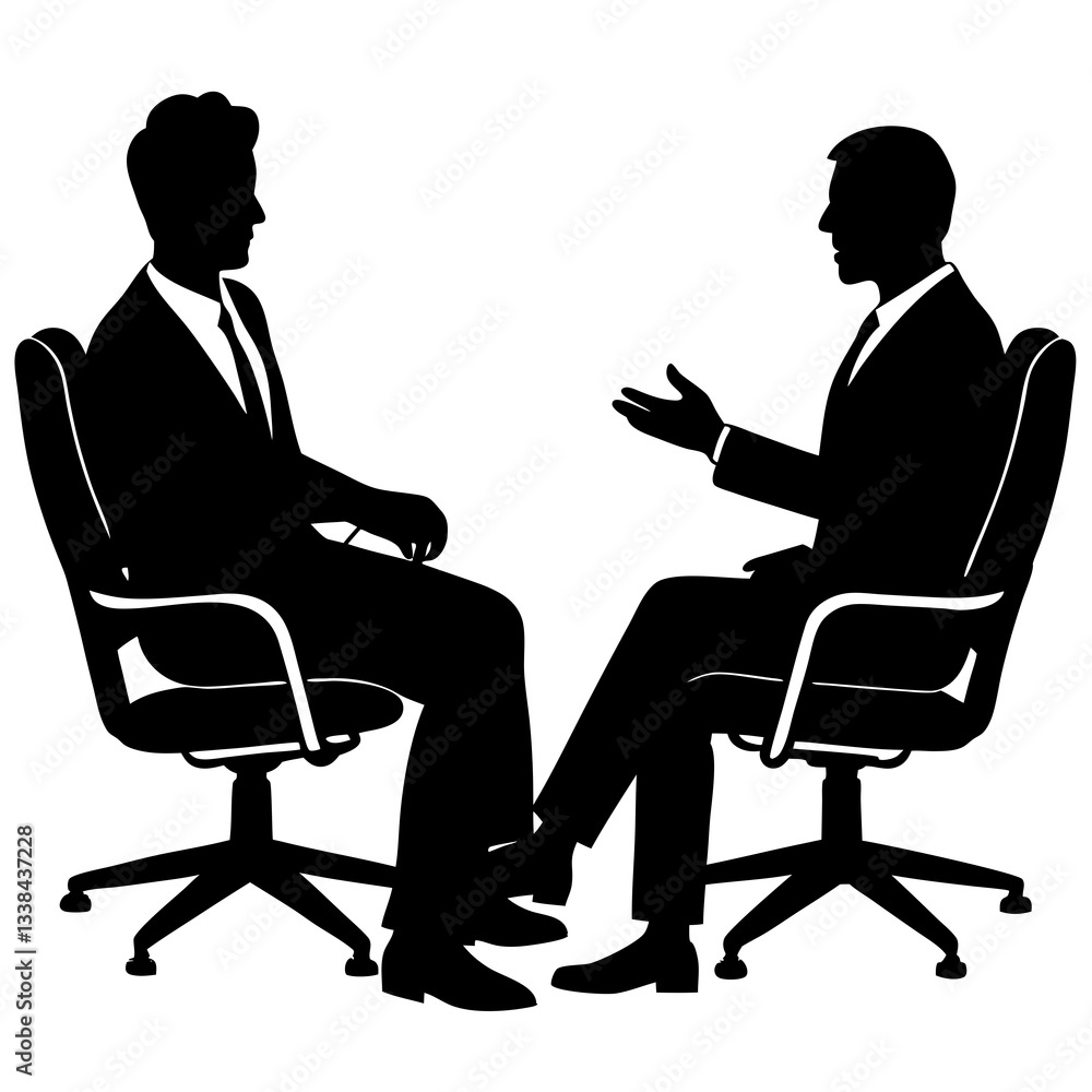 Obraz premium Silhouette of two men sitting in office chairs, symbolizing a professional discussion or workplace interaction