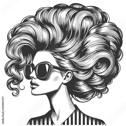 fashionable woman with voluminous hair wearing stylish sunglasses, exuding confidence and glamour sketch engraving generative ai vector illustration. Scratch board imitation. Black and white image.