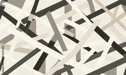 Geometric pattern of overlapping beige, gray, and white rectangles on a neutral backdrop. Modern, abstract design