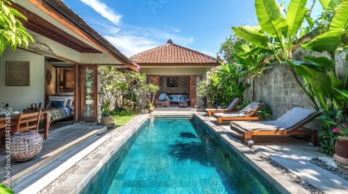 Wallpaper Mural A beautiful tropical villa with a stylish rectangular pool, chic sun loungers, and modern wooden finishes. Torontodigital.ca