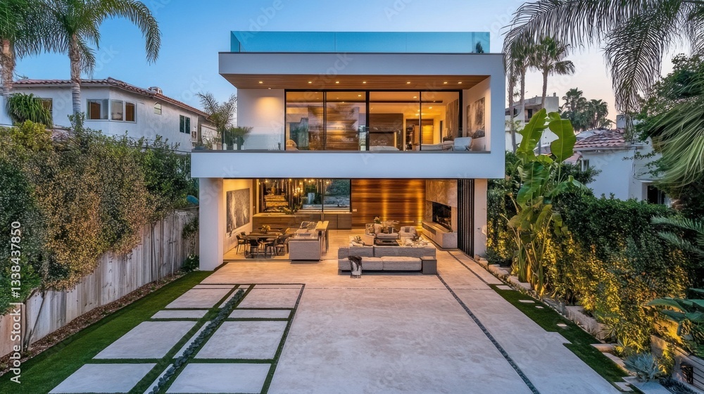 Fototapeta premium A beautiful two-story modern home with an open-concept design, large sliding glass doors, and elegant exterior lighting.