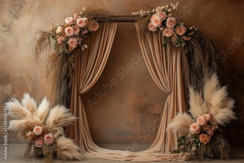Maternity backdrop, wedding backdrop, photography boho background with delicate flowers and vintage wall.