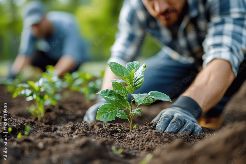 Fototapeta premium Volunteers planting young trees in a community garden during spring in a local park