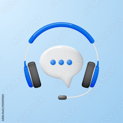 Headphones with microphone and speech bubble in 3D style. Concept of hotline support service, call center or online consultation. Vector illustration.