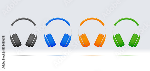 Collection of colorful headphones in cartoon 3d style. Vector illustration.