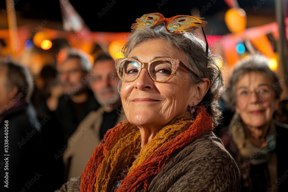 Obraz premium Elderly woman enjoying festival atmosphere with colorful decorations and vibrant crowd
