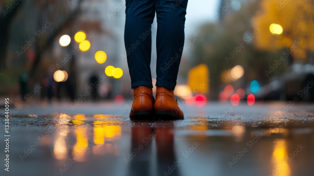 Fototapeta premium Person Standing in Rainy Street with Reflections and Warm Lights Creating a Cozy Atmosphere