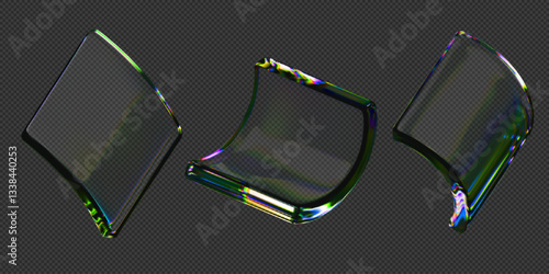 Transparent glossy glass curve square shapes with holographic dispersion effect vector set, crystal piece, overlay prism