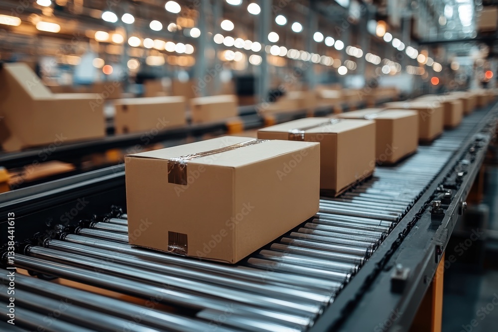 Boxes moving on conveyor belt in large warehouse during busy shipping hours in evening light Boxes moving on conveyor belt in large warehouse during busy shipping hours in evening light