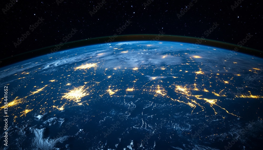 Obraz premium Earth at Night, City Lights Illuminating, View From Space. Global Connection Concept.