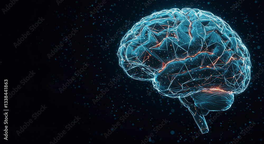 Digital brain illustration with glowing connections in dark background Digital brain illustration with glowing connections in dark background