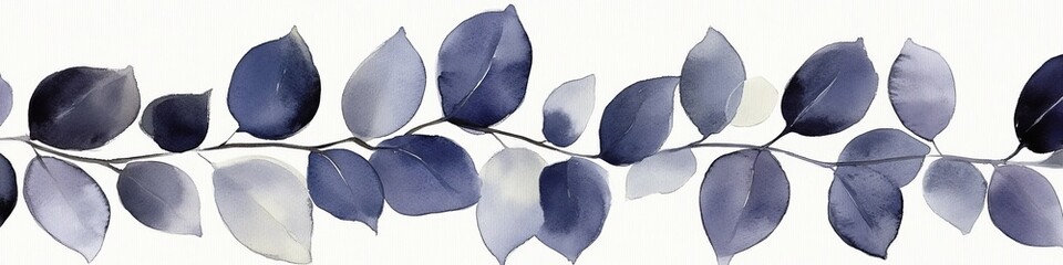 Watercolor Indigo Blue Foliage, Border Design, Floral Element, Navy Blue Foliage Illustration