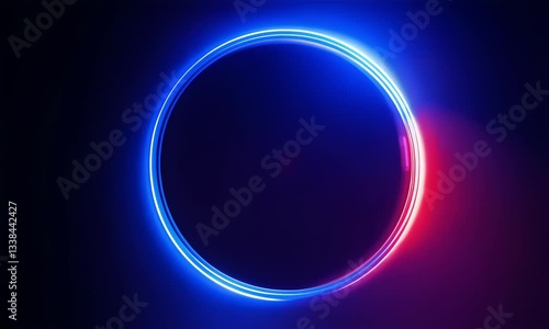 blue and red neon light motion animation with round frame shape, black background, 4k resolution footage, generated ai