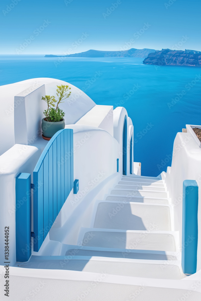 Obraz premium Traditional white stairs and blue door in Oia Santorini overlooking the Aegean Sea, iconic Greek island architecture and summer travel destination photography.