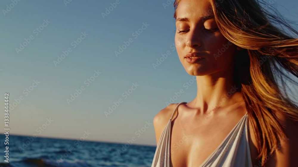 cinematic close-up of a young woman walking barefoot along the shoreline of a sunlit beach, the warm ocean waves gently lapping at her feet. Her loose, sun-kissed hair moves with the ocean breeze cinematic close-up of a young woman walking barefoot along the shoreline of a sunlit beach, the warm ocean waves gently lapping at her feet. Her loose, sun-kissed hair moves with the ocean breeze