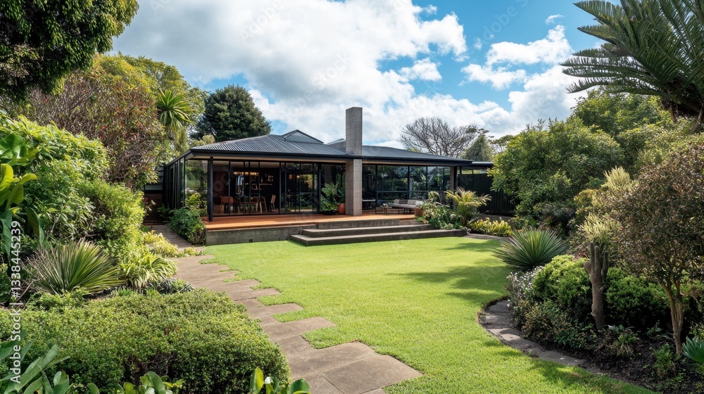 Fototapeta premium A contemporary bungalow with a blend of concrete and glass elements, spacious open-plan design, and stylish landscaping.