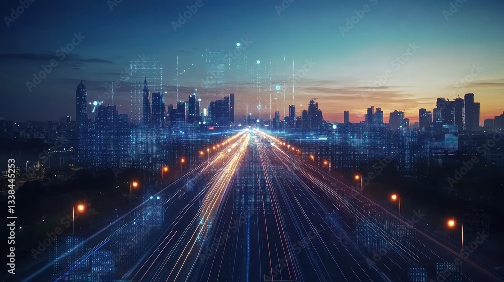 Fototapeta premium Solar powered streetlights lining a city road at dusk